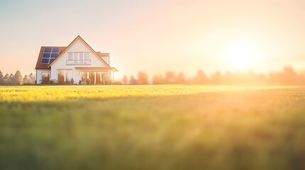 Obraz premium Modern House with Solar Panels Surrounded by Lush Green Field at Sunset