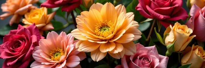 Fototapeta premium golden flower placed among roses and chrysanthemums, decorative, floral