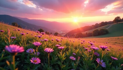 Fototapeta premium Soft pink hues illuminate the meadow as morning light creeps over the hills, flowers, sunrise