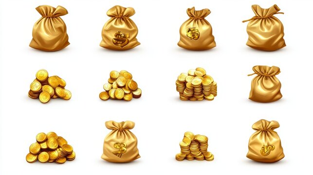 A set of icons for games. Bags of gold. Isolated on a white background