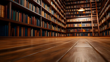 Obraz premium A cozy library with towering shelves filled with diverse books, illuminated by warm light, inviting readers to explore.