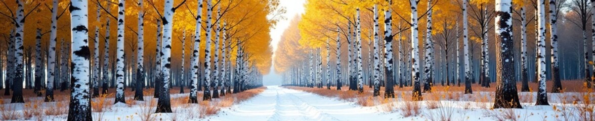 Obraz premium Forest scene with many birch trees in winter having white trunks and yellow leaves, forest scenery, cold weather, snowy forests