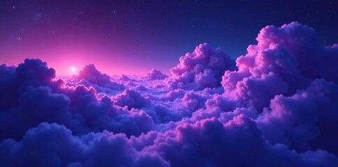 Gaseous clouds drift through the cosmos with flashes of cyan and purple light, purple, cyan