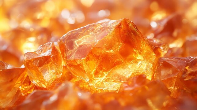 Detailed macro image showing many translucent golden crystals up close