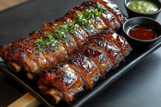 Delicious glazed ribs seasoned with herbs and served with dipping sauces on a dark plate a tempting culinary delight