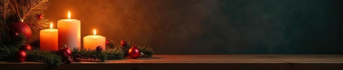 Candles on a wooden mantel with festive decorations, wooden mantel, decorative items