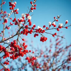 A tree in the background with branches covered in bright red berries, against an icy blue sky, cold, berry, nature