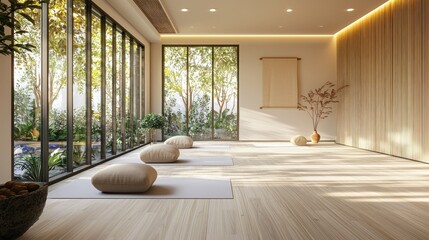 Fototapeta premium Serene yoga studio with bamboo floors and natural lighting creating a calm and peaceful atmosphere