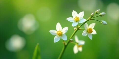 Obraz premium Gentle white blooms start to emerge on the broom-like stem, stem, growth, gentle