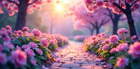 Gentle transition of deep violet to pastel pink on a serene garden path, soft focus, soothing hues, pastel colors