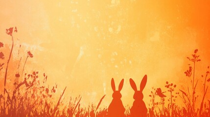 Silhouetted rabbits watching sunset in vibrant orange meadow. Easter, Pascha, Paskha, Ostern, Pascua, Paques - Orthodox and Catholic Holiday celebration