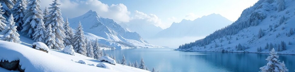 Snowy Mountain Slope - Frozen Trees and Rocks, mountain slopes, frozen lake