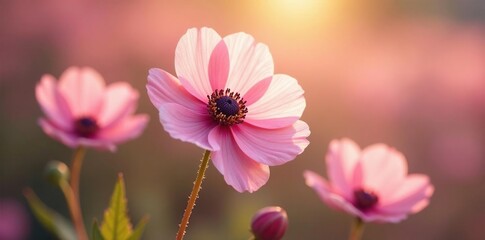 Fototapeta premium Soft pink hues on delicate anemone petals softly sway in autumn breeze, natural, gentle, colors