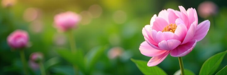 Fototapeta premium Soft pink peonies in the soft focus blur of a lush garden backdrop, blossoms, floral, nature