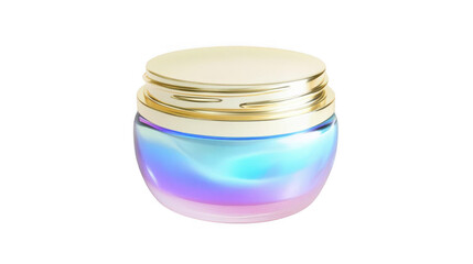 Iridescent cream jar with a golden lid, showcasing a colorful gradient, isolated on white background