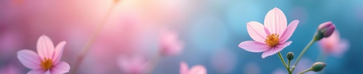 Fototapeta premium A delicate flower blooming in a garden amidst a gentle pink and blue gradient, nature, flowers