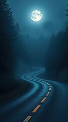 A winding forest road disappears into the fog under a full moon, winding, moonlight
