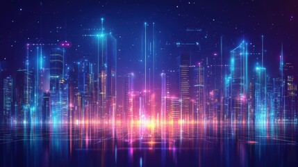 Fototapeta premium cityscape with space and neon light effect. Modern hi-tech, science, futuristic technology concept. Abstract digital high tech city design for banner background