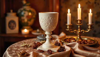 Fototapeta premium Elegant marble goblet with vine engravings on silk table, symbol of wealth
