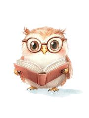 Fototapeta premium Watercolor painting of a cute owl reading a book in a whimsical and colorful forest setting isolated on transparent background.