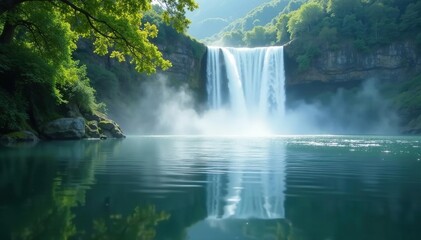 Naklejka premium Gentle ripples on the lake's surface reflect the misty waterfall, tranquil, serene, serenity