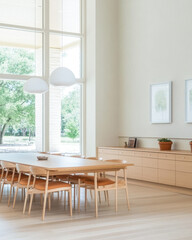 Fototapeta premium Modern dining area with natural light and minimalist design in a spacious home
