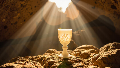 Opalescent chalice illuminated in natural cave, symbol of nature