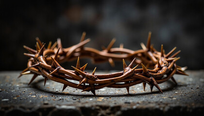 Crown of thorns resting on stone surface, symbolism of suffering