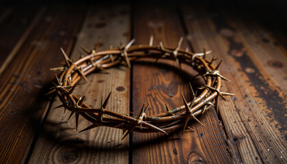 Crown of thorns on rustic wooden table in dim lighting, symbolism of sacrifice