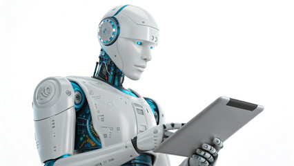A humanoid robot with a sleek, futuristic design holds a tablet and interacts with it in a modern setting.