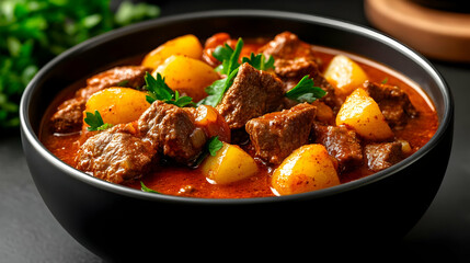 A delicious bowl of hearty meat stew with tender potatoes, garnished with fresh herbs, perfect for a cozy meal.