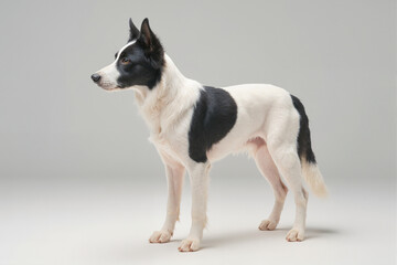 Obraz premium A white dog with black markings stands on a solid background, looking towards the left side of the frame.