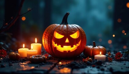 Obraz premium Candles and mystical objects surrounding a carved pumpkin in the darkness, eerie ambiance, potion, magical glow