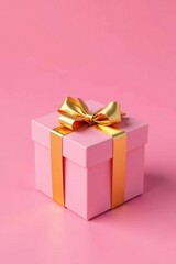 Fototapeta premium Pink gift box wrapped in gold ribbon on a pink background, gift box, pink color