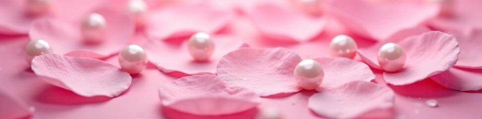 Obraz premium Soft pink pearls scattered on a rose petal background, petals, flowers, nature