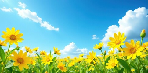 Sunny yellow blooms scattered against a brilliant blue sky with puffy white clouds, blue sky, yellow
