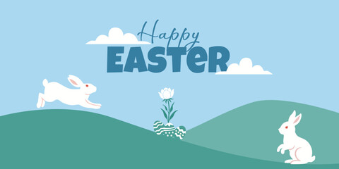 Happy Easter. Bunnies, eggs and flowers. Modern style design, pastel colors.