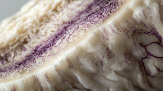 Macro shot of sliced Tarul root, creamy white interior speckled with purple veins. Rough, fibrous outer layer contrasts with smooth starchy core. Soft gray background highlights organic textures.