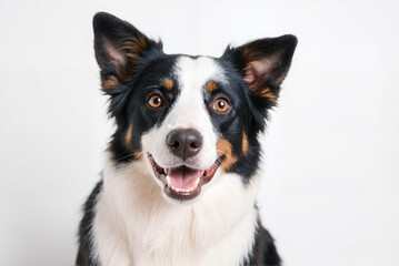 Fototapeta premium Dog portrait with expressive eyes and playful smile. The animal looks happy and cheerful in the studio.