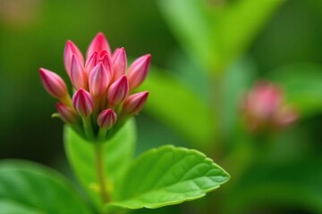 Fototapeta premium Pink flower buds on a lush green plant in the garden, pink, plants, growth