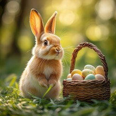 A cheerful Easter bunny surrounded by colorful eggs scattered in the lush green grass near a woven basket, symbolizing springtime joy and festive celebrations.