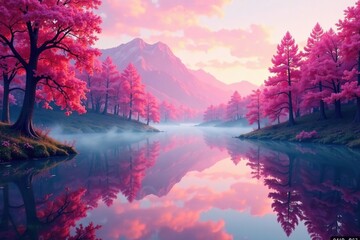 Soft pink hues on forest trees with lake reflection, reflection, pink