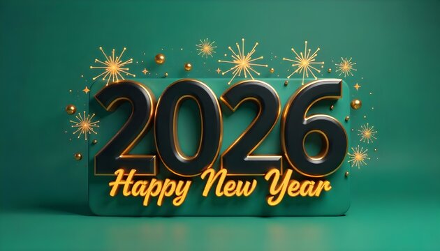 2026 new year celebration, golden glowing numbers, sparklers, fireworks, green background, festive atmosphere, 3D render, metallic text, holiday greeting, shimmering lights, elegant design