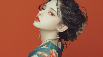 Fototapeta premium Elegant Woman in Traditional Asian Kimono against a Rich Red Background