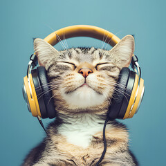 Cat enjoys music while wearing headphones in a calm setting with a blue background during a quiet moment
