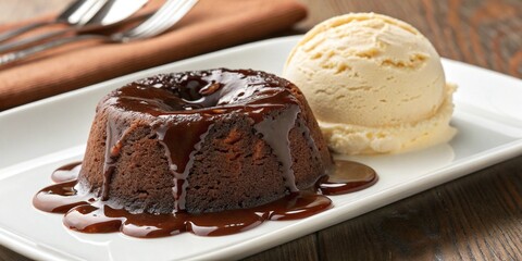 A decadent chocolate lava cake with molten center and vanilla ice cream on the side