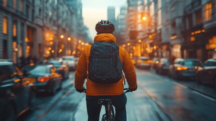 bike commuter navigating bustling city street with backpack amid modern architecture