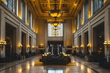 Fototapeta premium Grand Hall Interior with Ornate Chandeliers and Marble Flooring