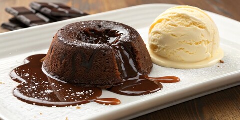 A decadent chocolate lava cake with molten center and vanilla ice cream on the side