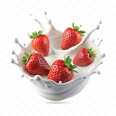 realistic 3d strawberry in a splash of milk or yogurt  isolated on white background	
